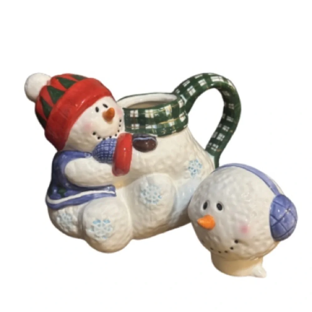 Fitz and Floyd Snowman Teapot with Red and Green Accents